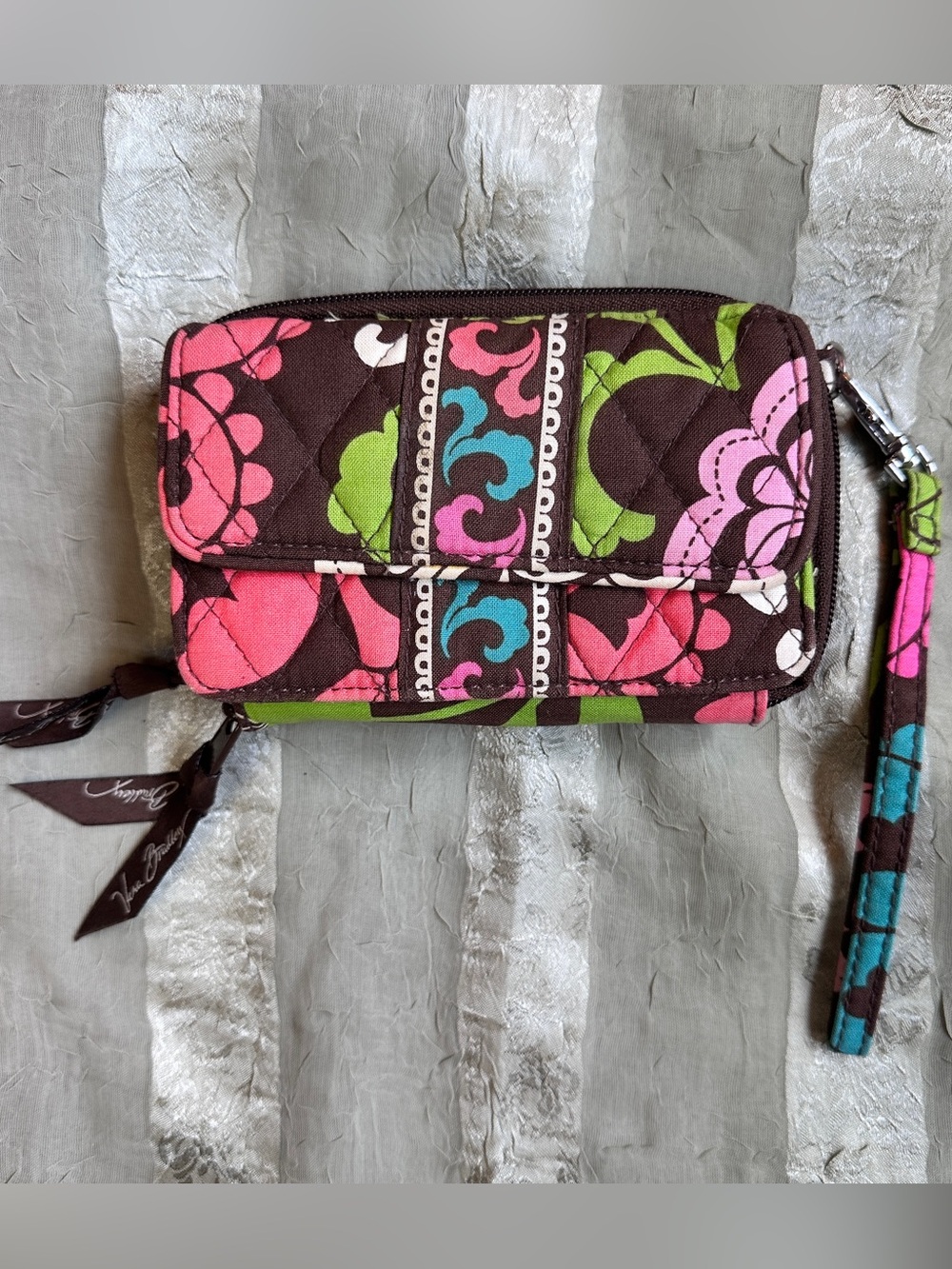 Vera Bradley Brown Wristlet Wallet with Pink, Green & Teal Accents Lola Pattern